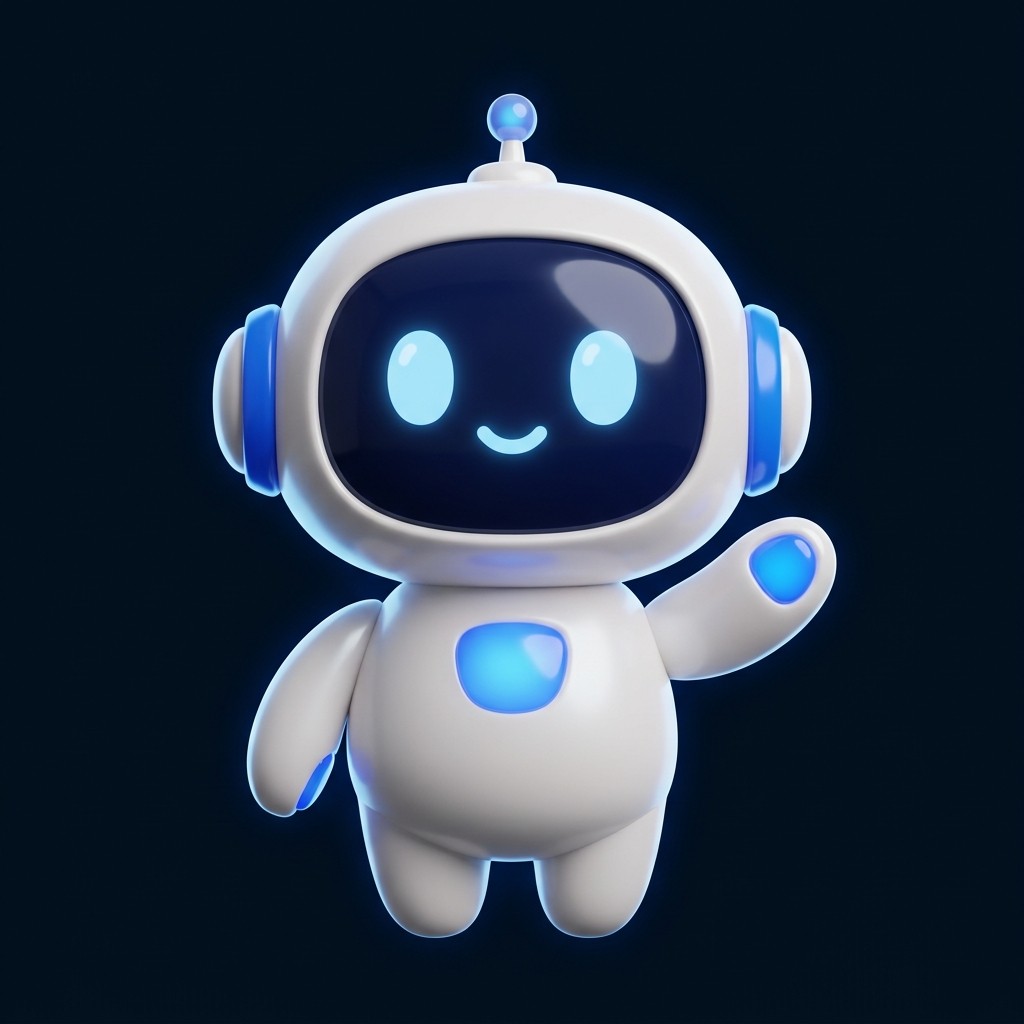 Pip, a small white and blue bot, waving